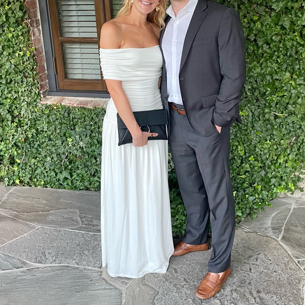 Off shoulder, drop waist, white dress.